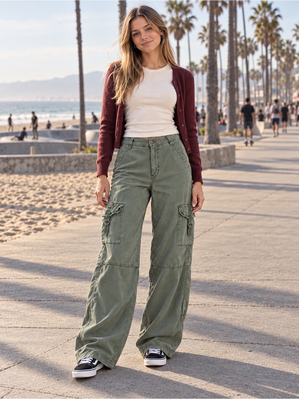 American Eagle Cargo Pants Super High Rise Baggy Wide Leg Washed Sage Green 4